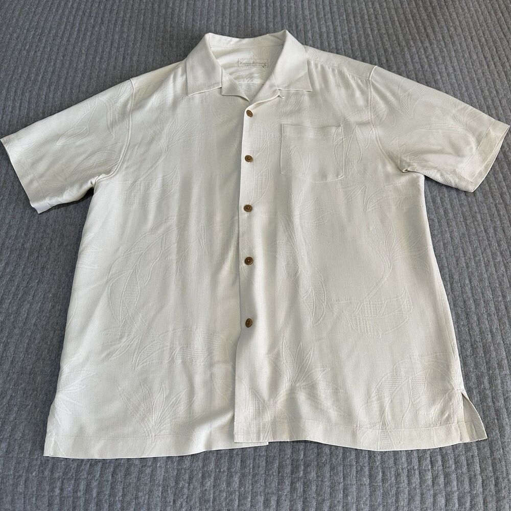 Tommy Bahama Silk Original Fit Men’s Ivory Floral Short Sleeve Button-Up Shirt L
